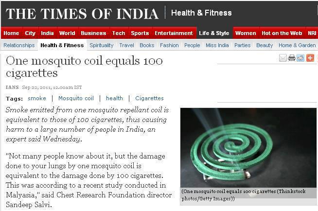 One mosquito coil equals 100 cigarettes 